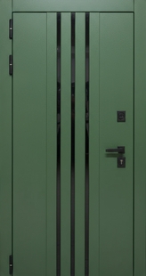 Входная дверь с реечным дизайном и тонированным стеклом (панели MDF RAL 6009)